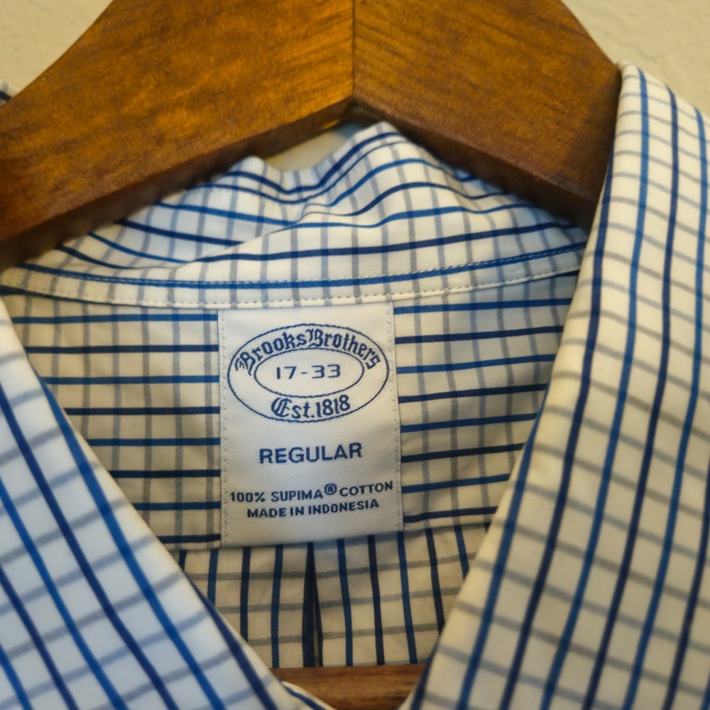 Brooks Brothers Shirt Mens 17 32/33 Blue Check Point Collar Supima Cotton - Picture 4 of 7